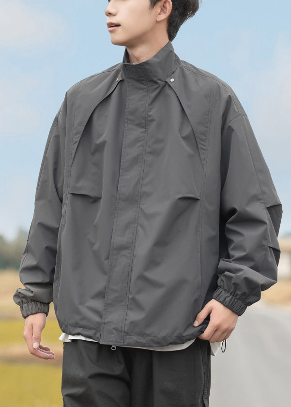 Drawstring Plus Mens Coats Cotton Stand Collar Grey Size