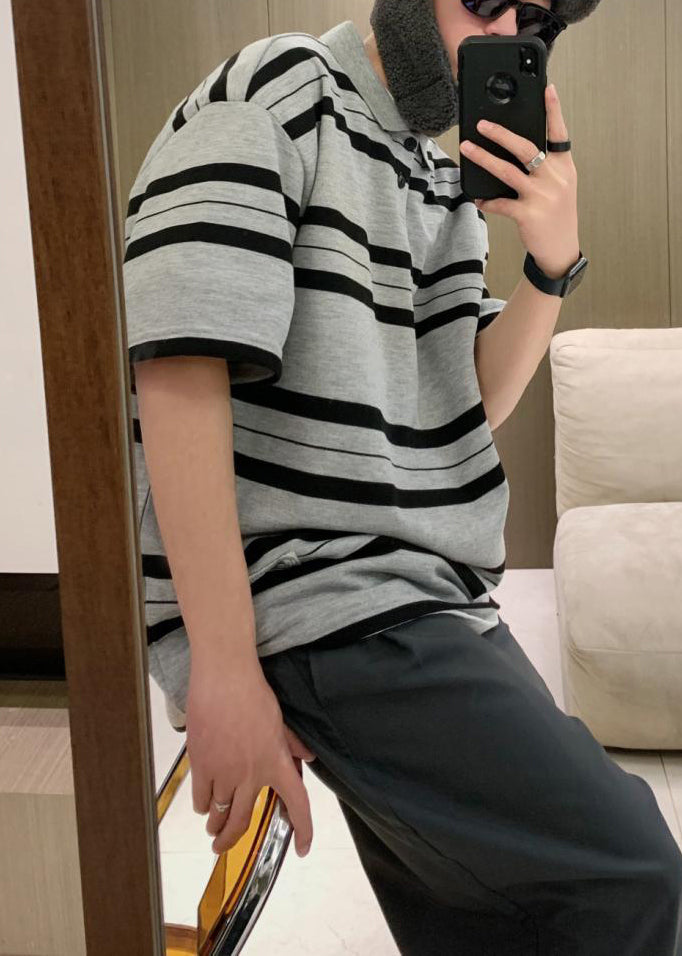 Polo Shirts Striped Summer Grey Button Plus Cotton Size Men
