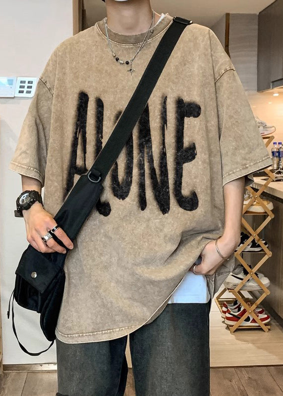 O Half Print Khaki Shirt Plus Size Sleeve Neck Cotton T Men