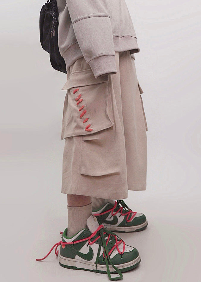 Elastic Size Plus Pants Pockets Cotton Crop Waist Men Khaki