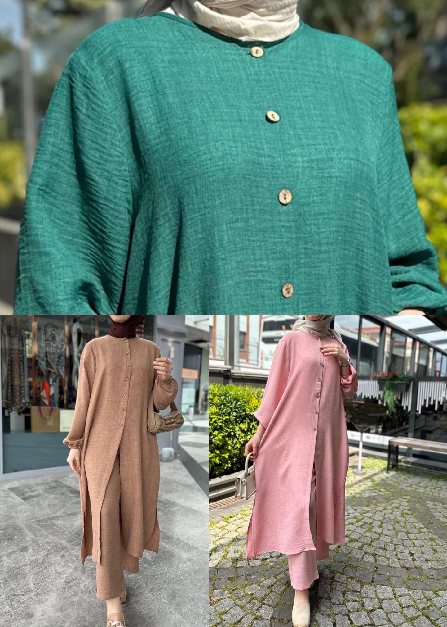 Plus Size Khakifarbenes, einfarbiges Zweiteiler-Set aus Baumwolle mit Knöpfen und langen Ärmeln AA1015