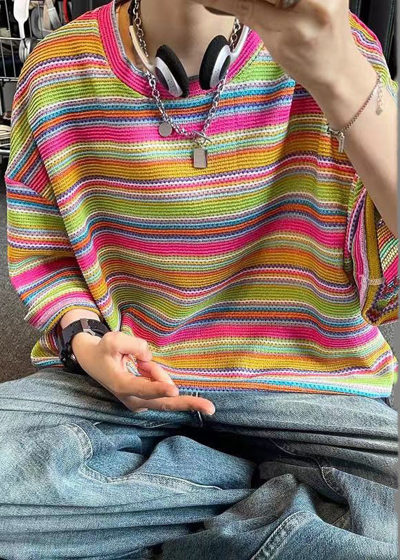 Summer Striped Knit Shirt Men T Size Out Khaki Hollow Plus