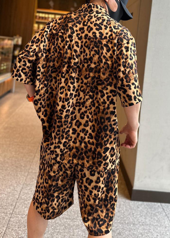 Plus Size Leopard Peter Pan Collar Pockets Cotton Mens Two Pieces Set Summer HG053