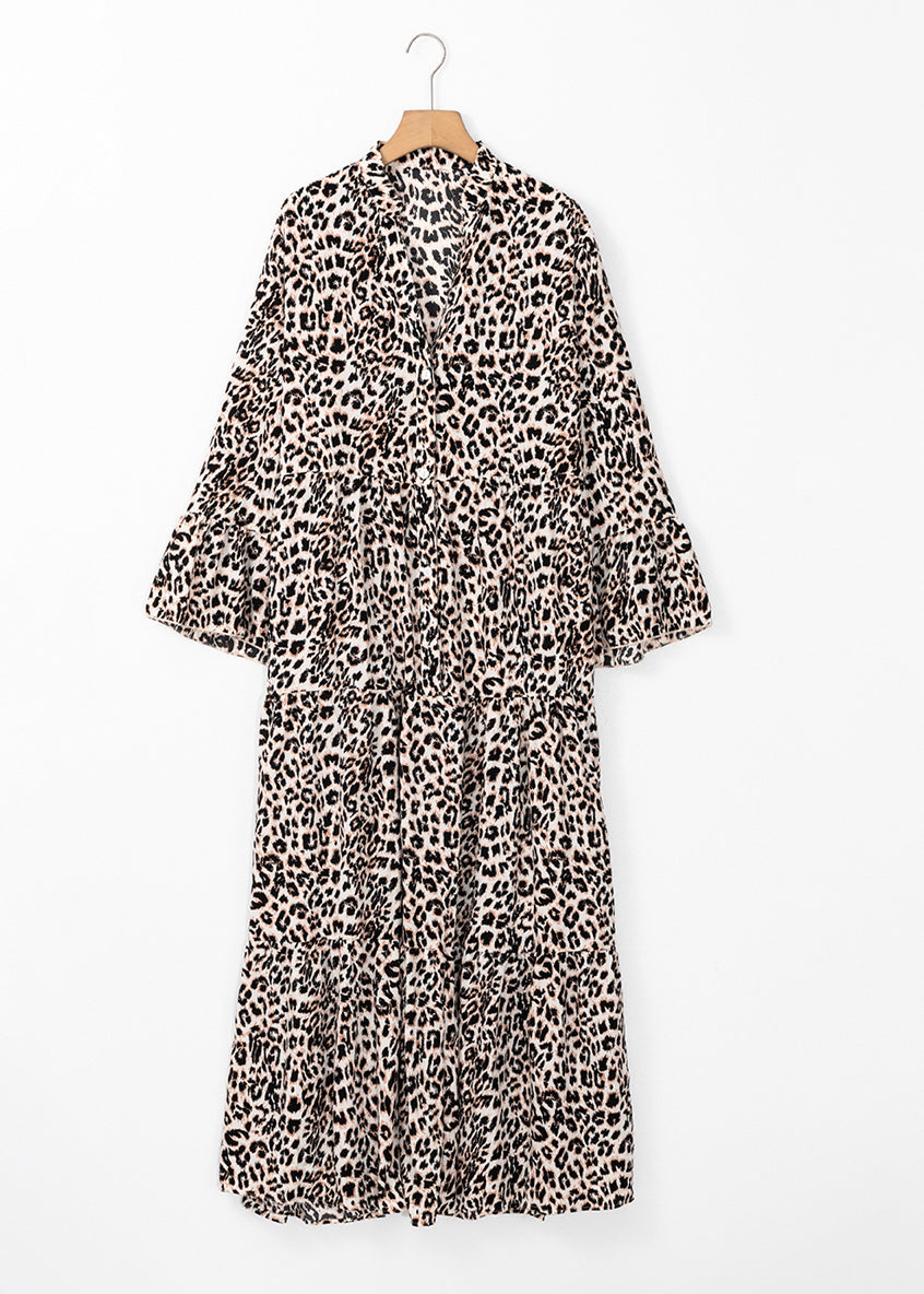 Leopard Dress Neck Maxi V Patchwork Plus Size Fall