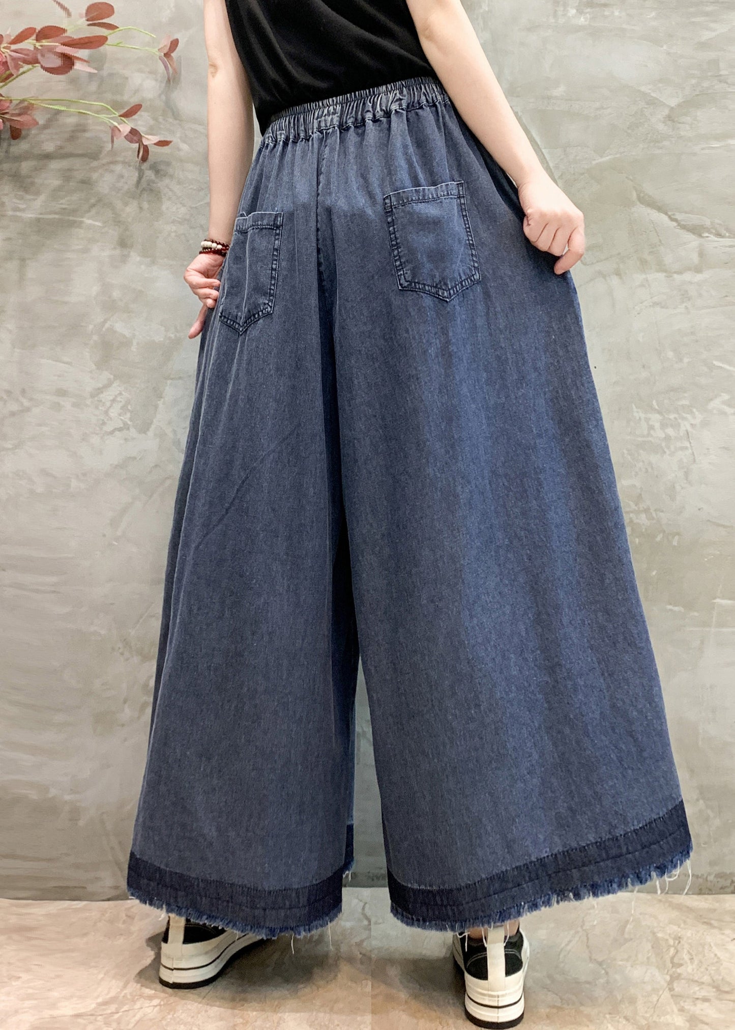 Pants Oversized Leg Size Navy Summer Wrinkled Plus Wide Denim