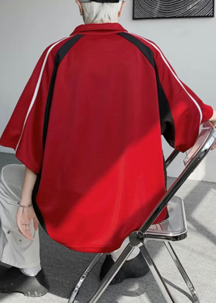 Shirt Men Size Half Button Letter Cotton Polo Red Plus Patchwork