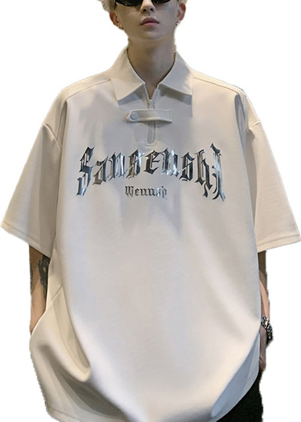 Men Letter And Plus Polo Shirt White Sequins Cotton Size