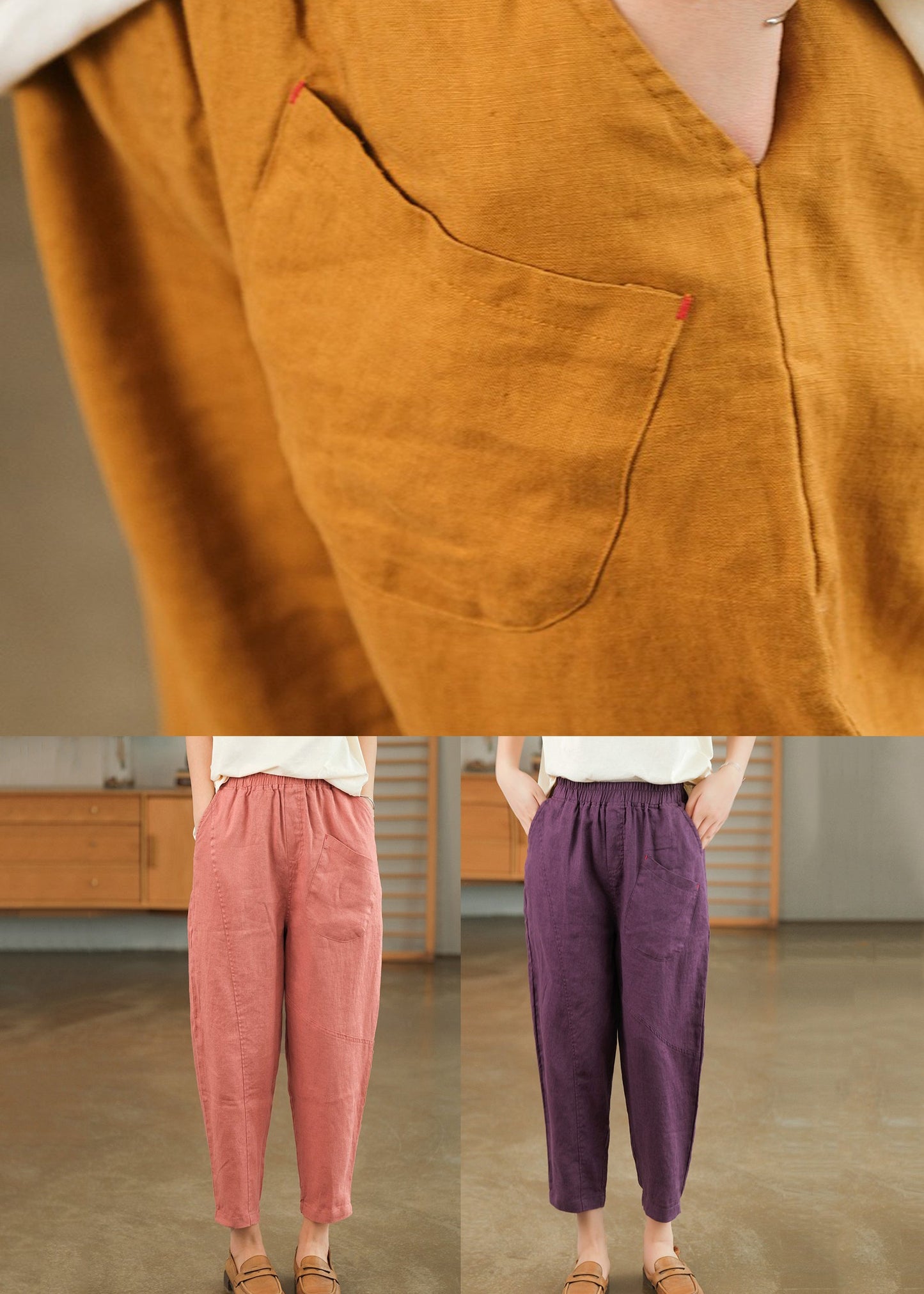 Pockets Waist Cotton Purple Elastic Summer Pants Harem