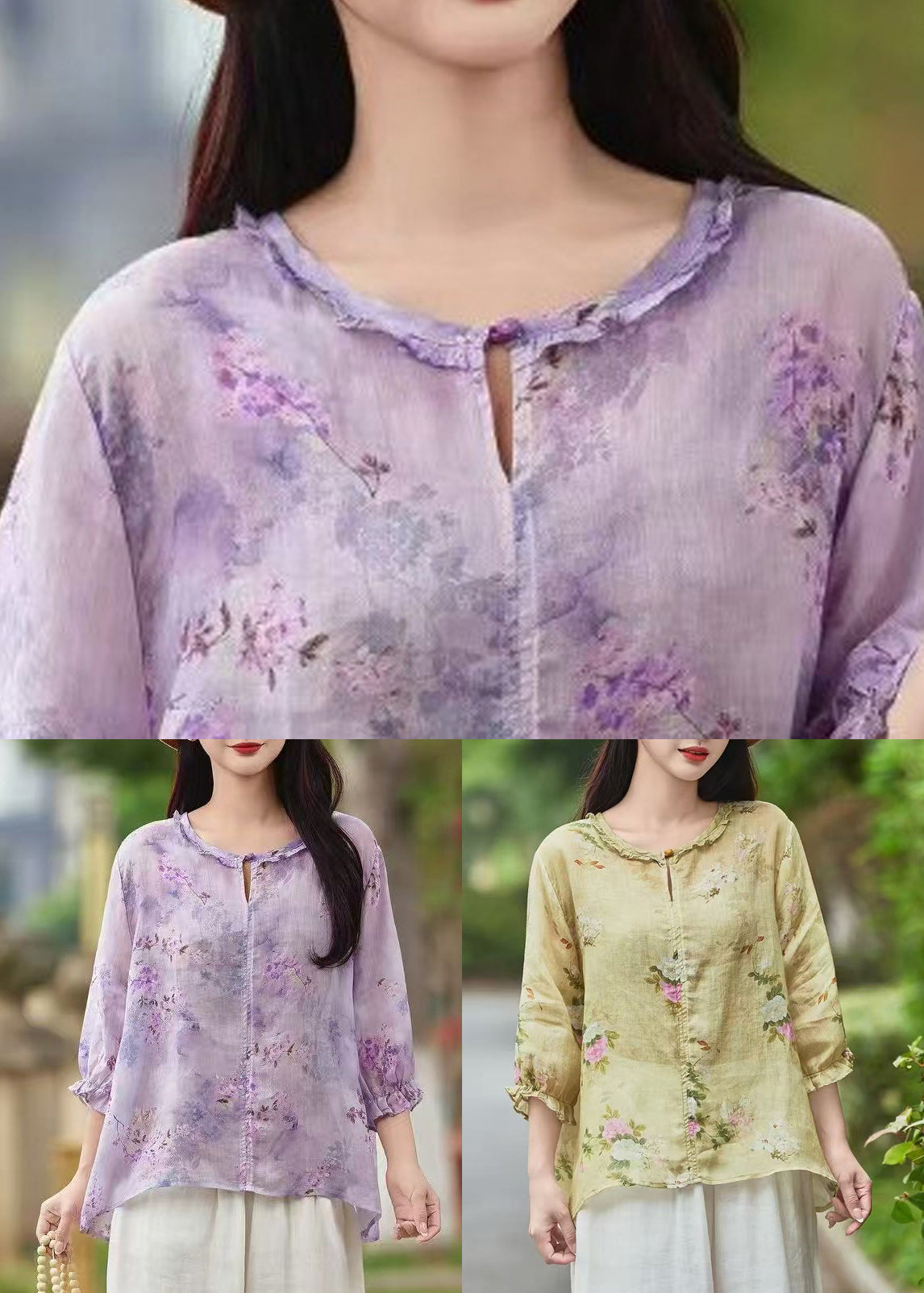 Purple Butterfly Ruffled Print Button Shirt Linen Sleeve