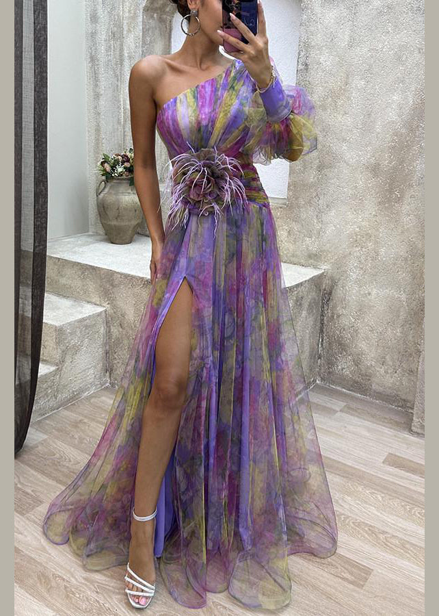 Shoulder Open One Chiffon Print Purple Dress Summer Side