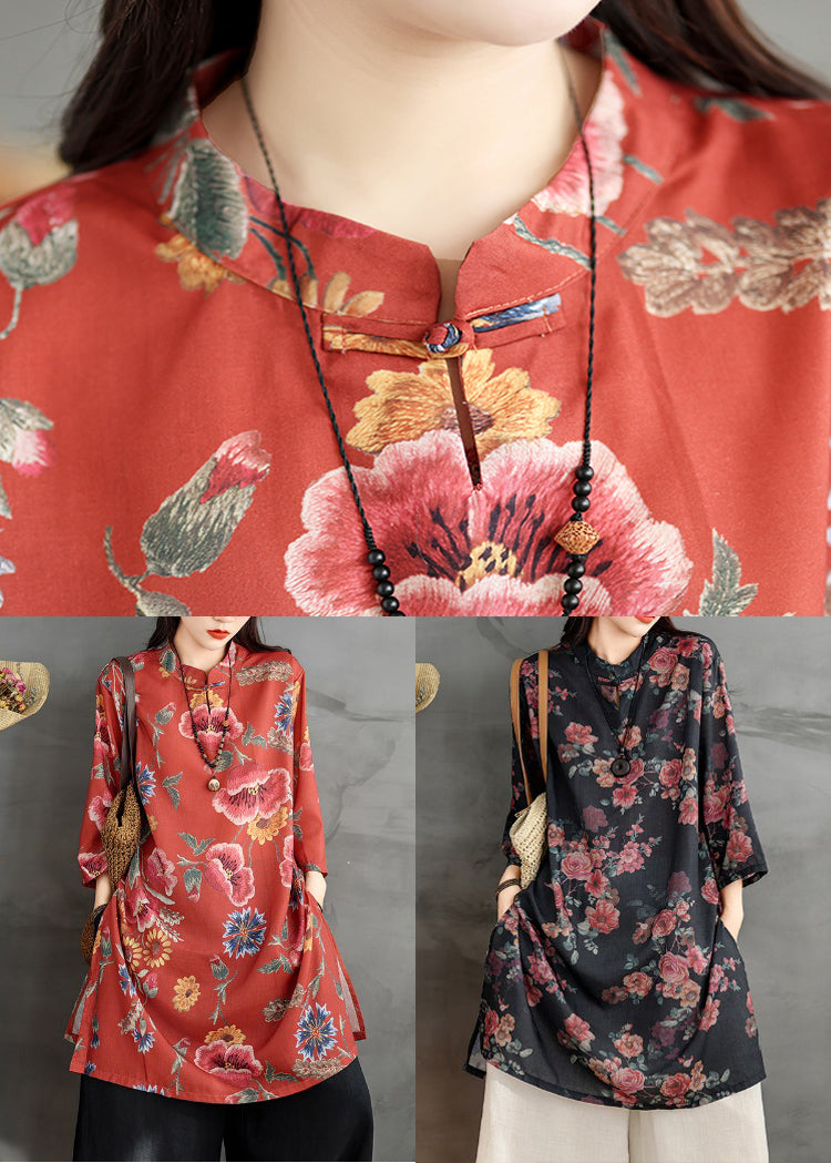 Print Dresses Sleeve Shirt Button Collar Red Stand Linen Bracelet