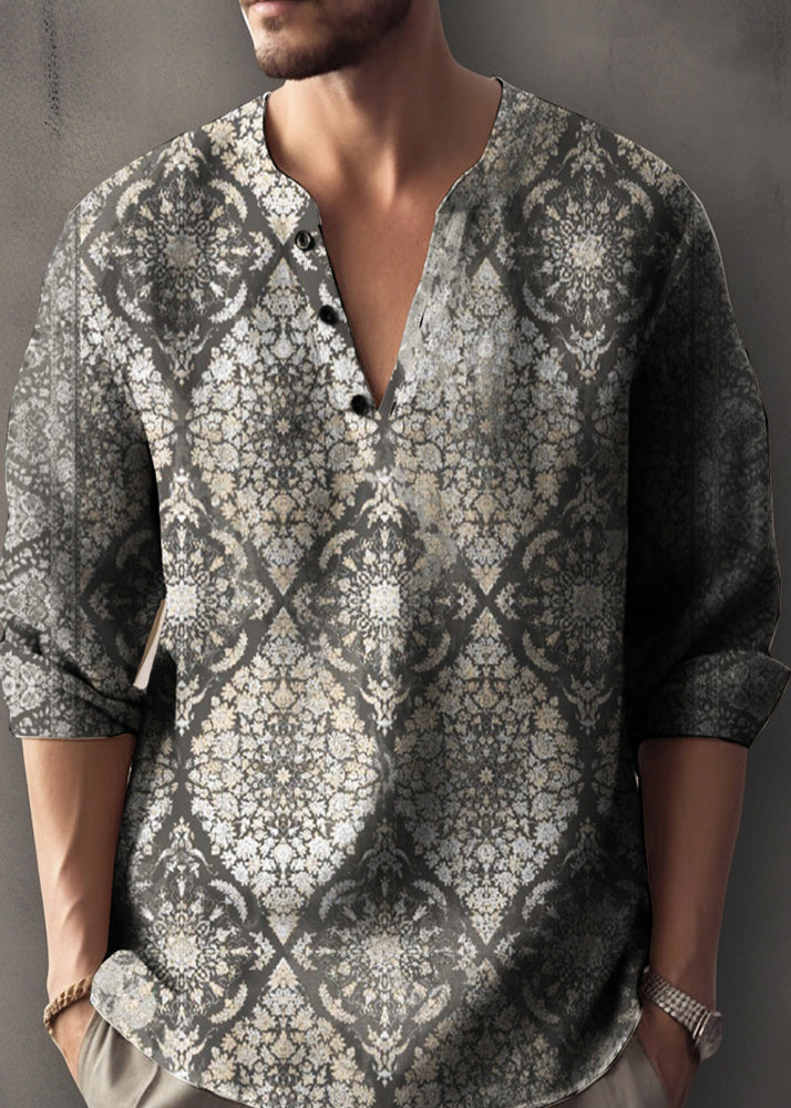 Cotton V Neck Shirts T Fall Button Red Mens Print