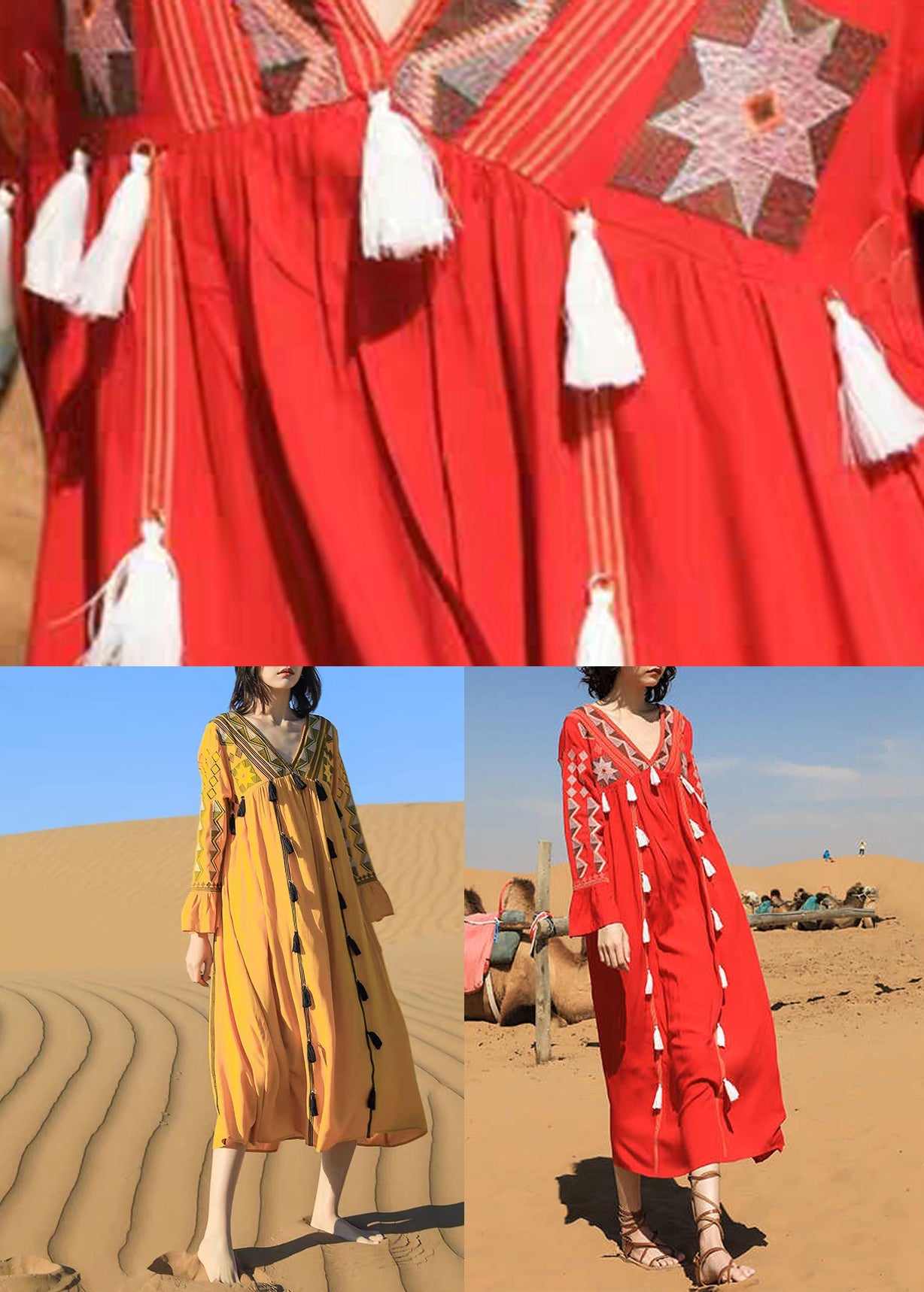 Tasseled Long Dress Fall Red Cotton V Patchwork Neck