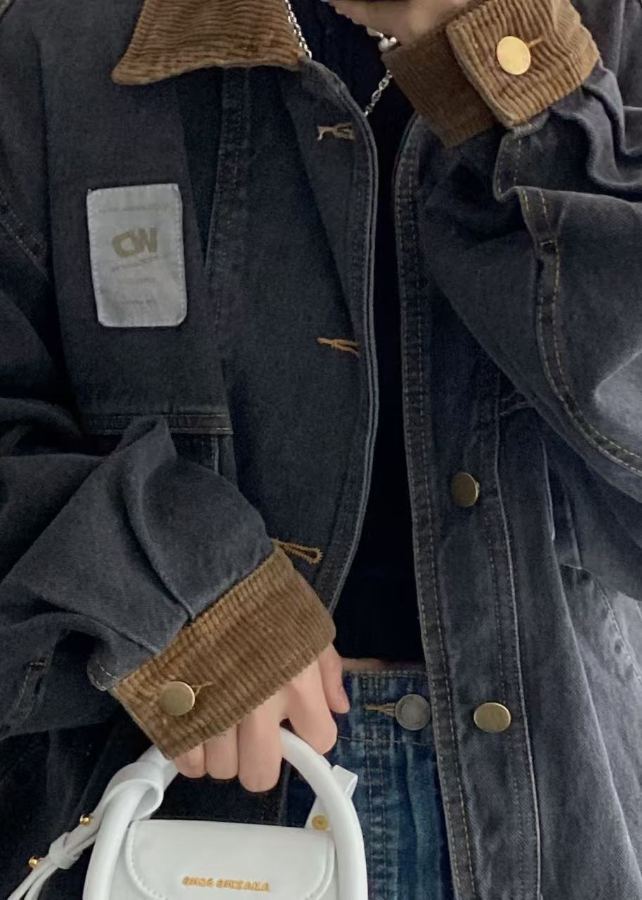 Patchwork Spring Mens Pockets Coats Black Denim Button Retro