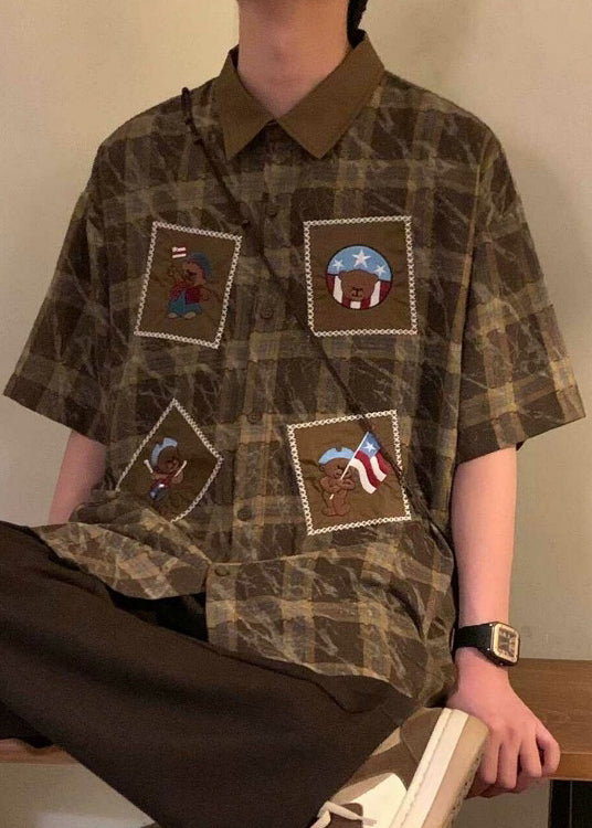 Retro Plaid Mens Button Shirts Summer Cotton Blue Oversized