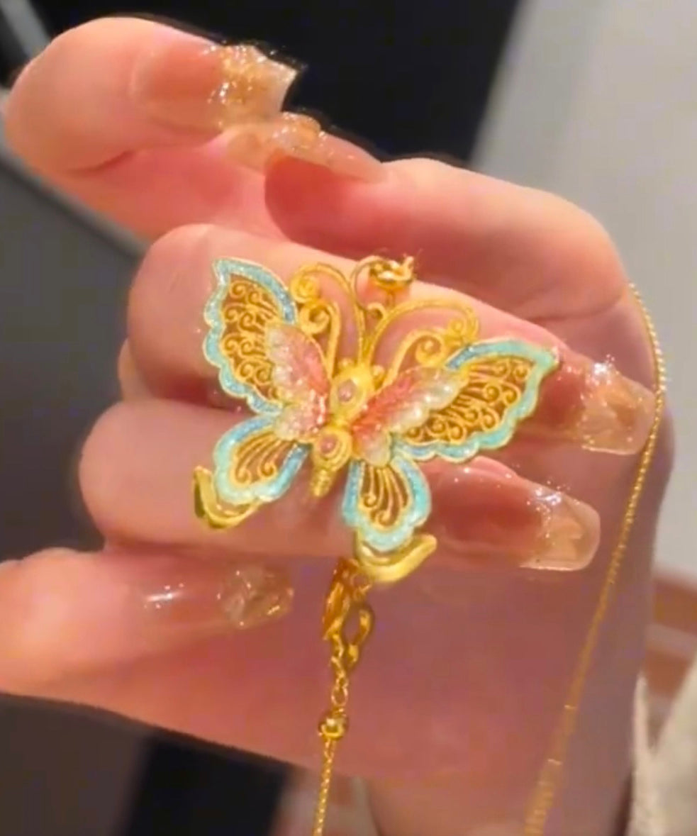 Necklace Ancient Enamel Pendant Retro Butterfly Gold