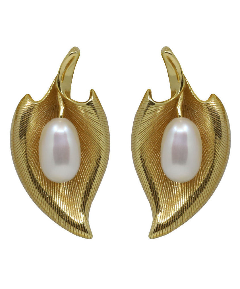 Retro Overgild Copper Gold Earrings Pearl Stud