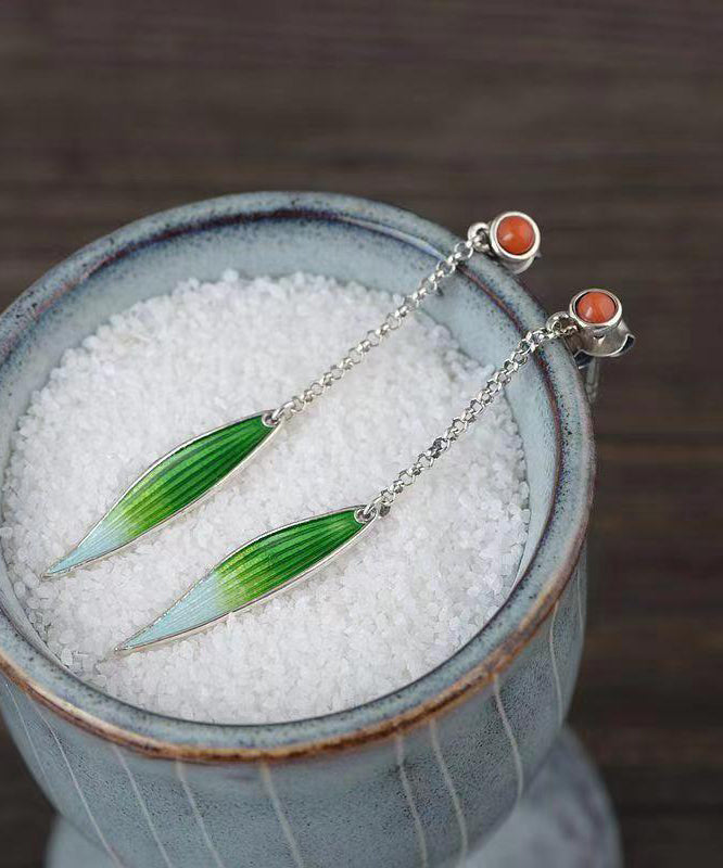 Retro Grüne Sterling Silber Achat Cloisonné Emaille Bambus Blatt Tropfen Ohrringe QQ057