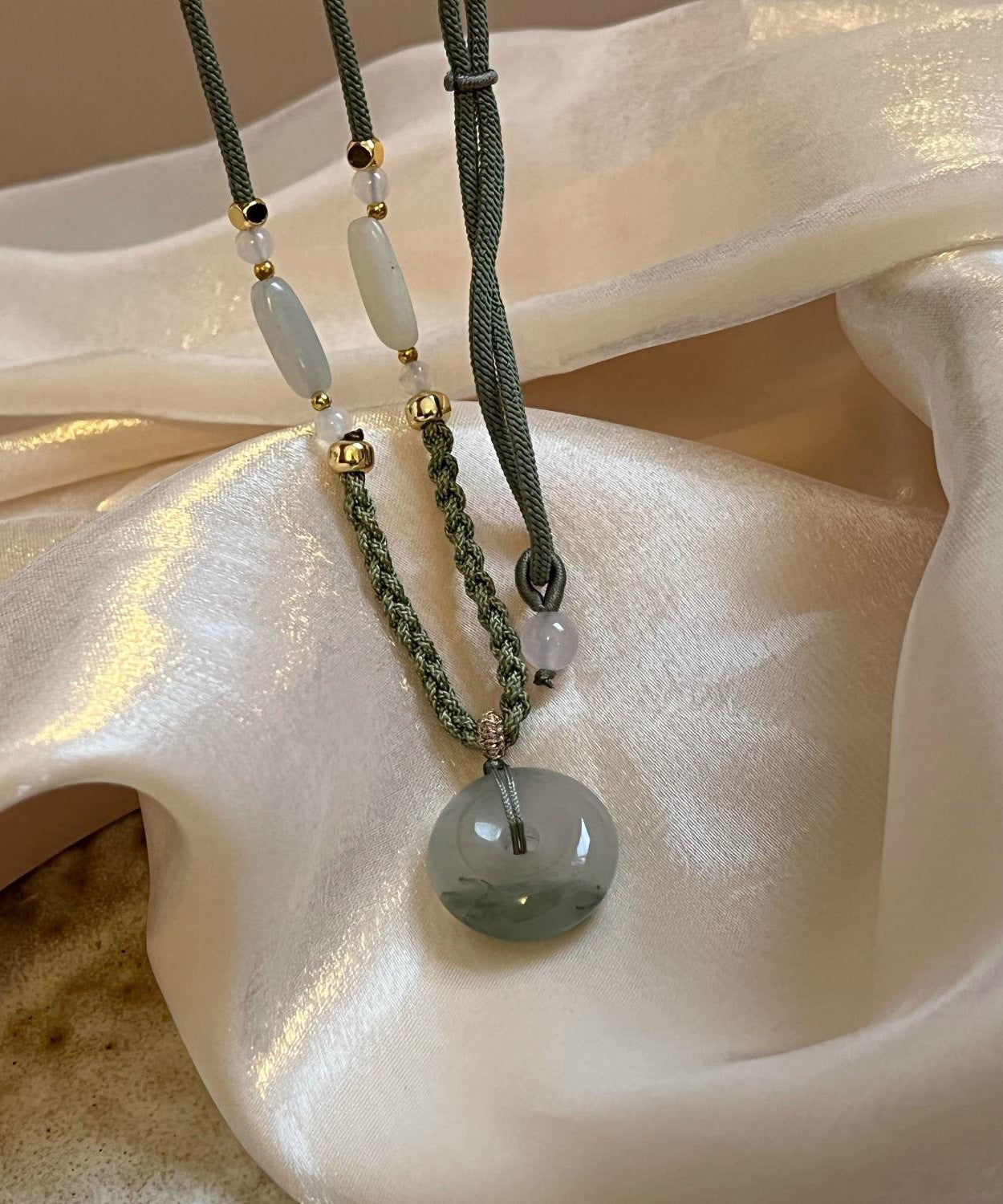 Retro Green Weaving Jade Ping An Buckle Pendant Necklace TX039