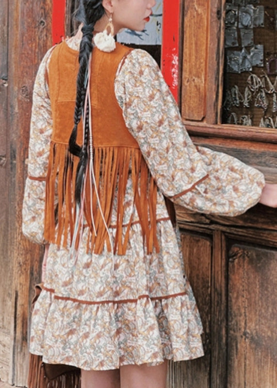 Two Patchwork Set And Retro Pieces Dress Waistcoat Long Tassel