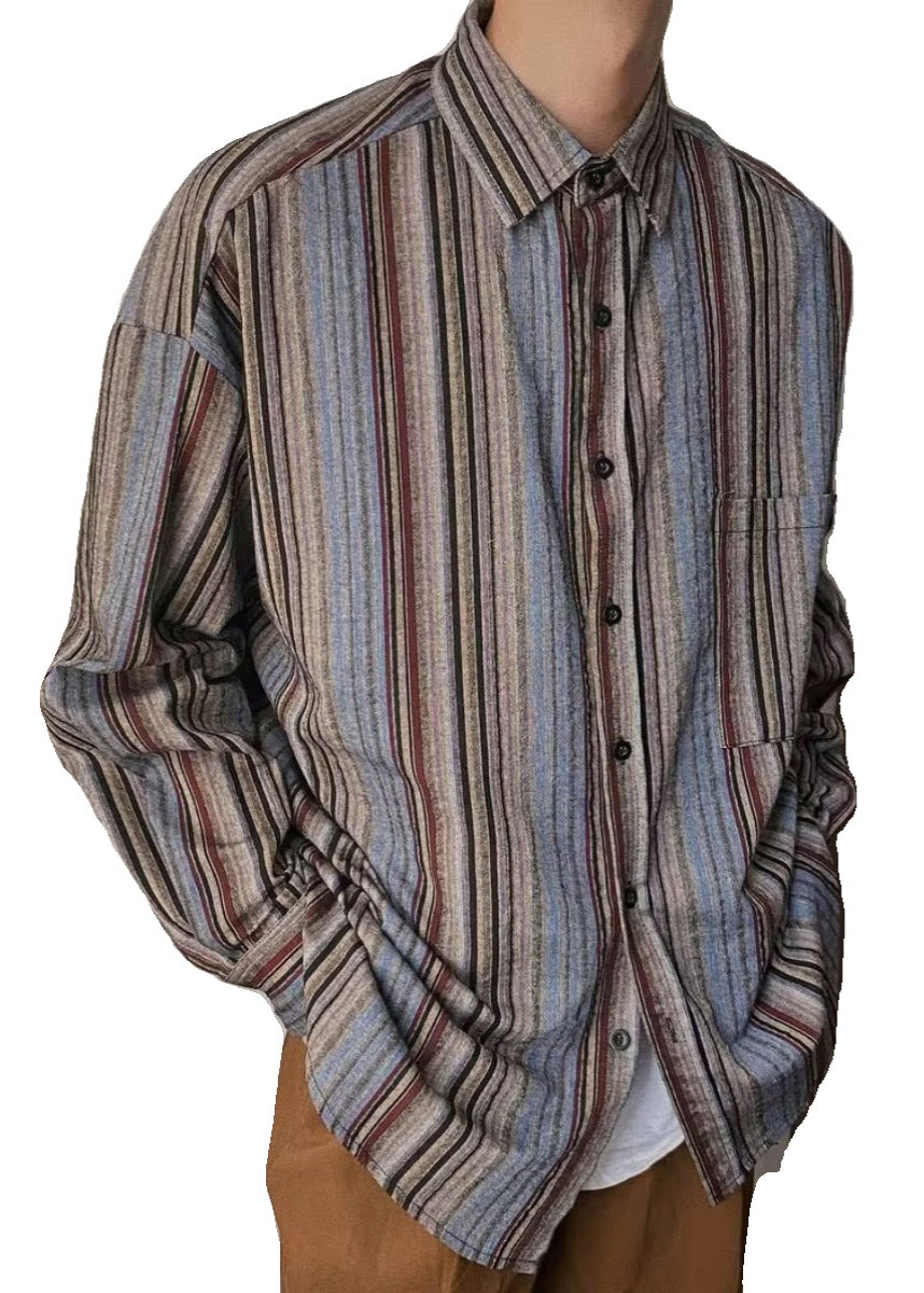 Shirts Mens Button Striped Cotton Retro Spring Pockets Oversized