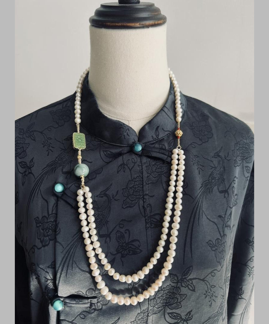 Gratuated Necklace Pearl White Beading Jade Bead Alloy Retro