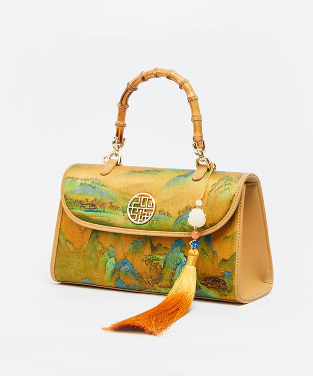 Tote Decorated Print Silk Retro Bag Yellow Tassel