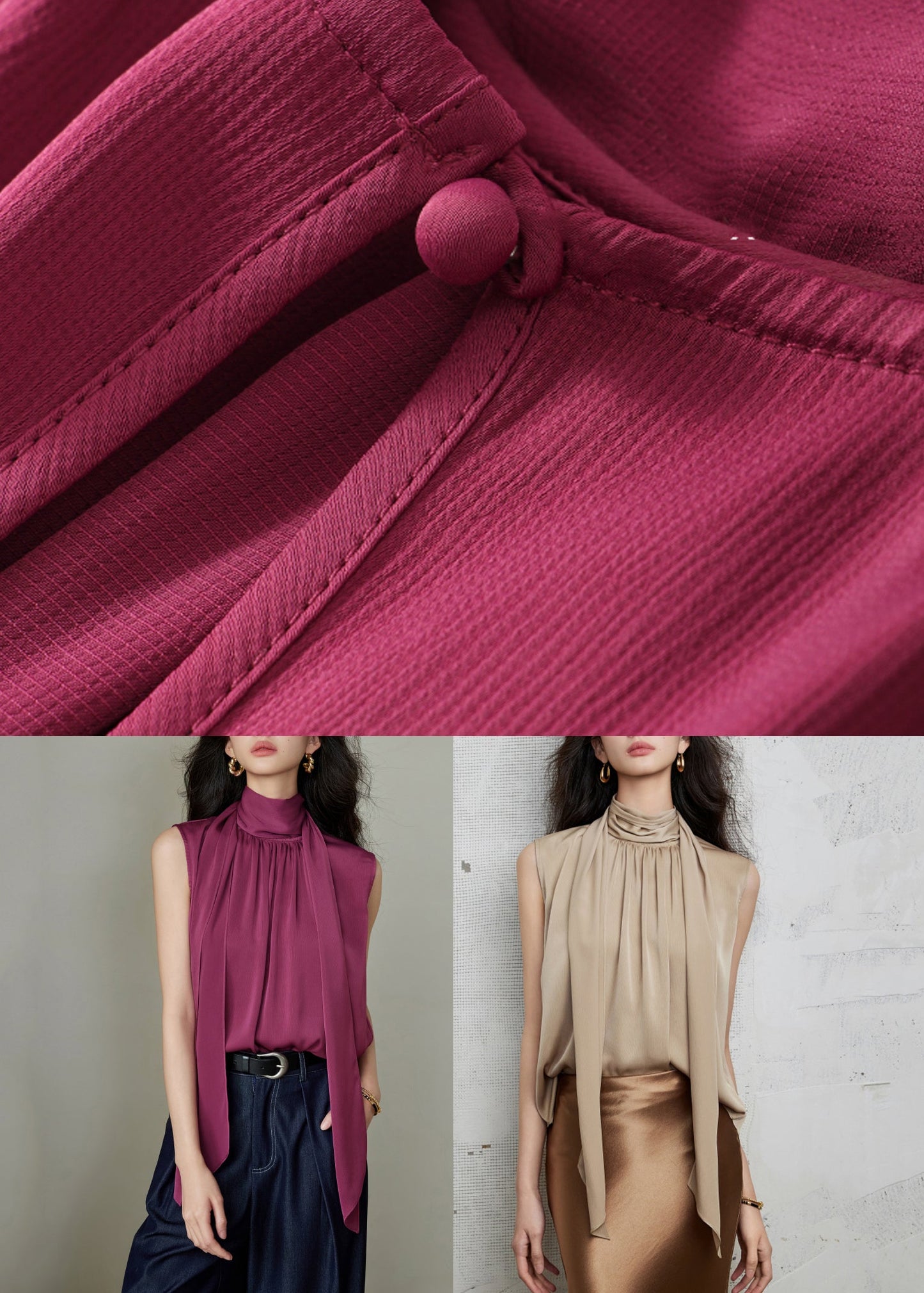 Wrinkled Blouses Button Summer Rose Bow Solid Silk
