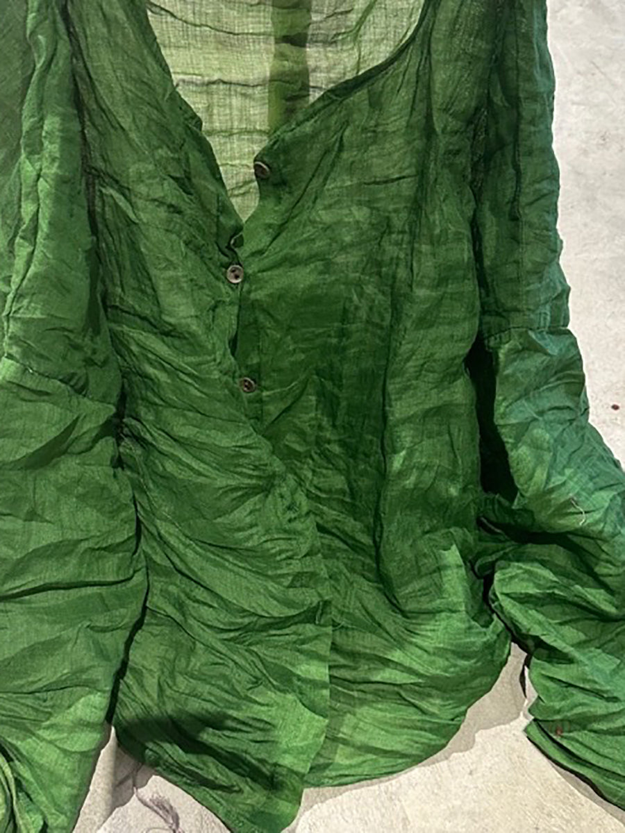 Button Shirt Floral Ramie Women O-Neck Vintage Autumn