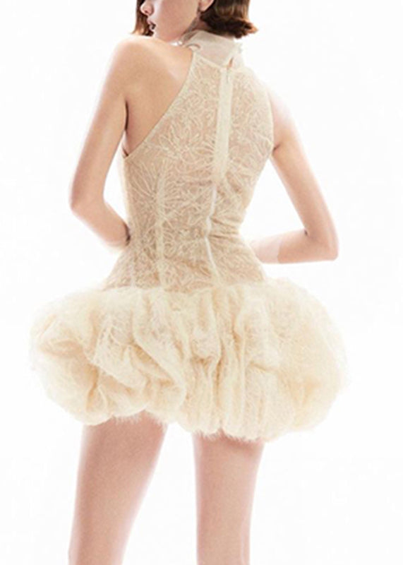 Turtleneck Patchwork Sleeveless Dress Lace Mid Sexy Apricot