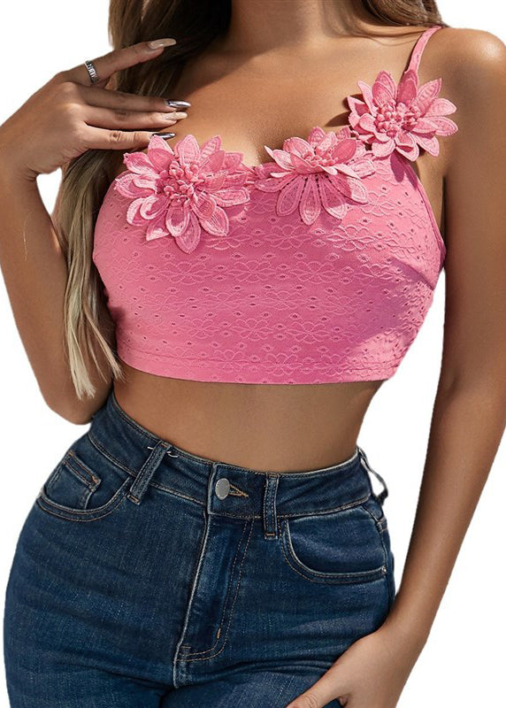 Flower Camisole Top Pink Sexy Dimensional Shoulder Single With