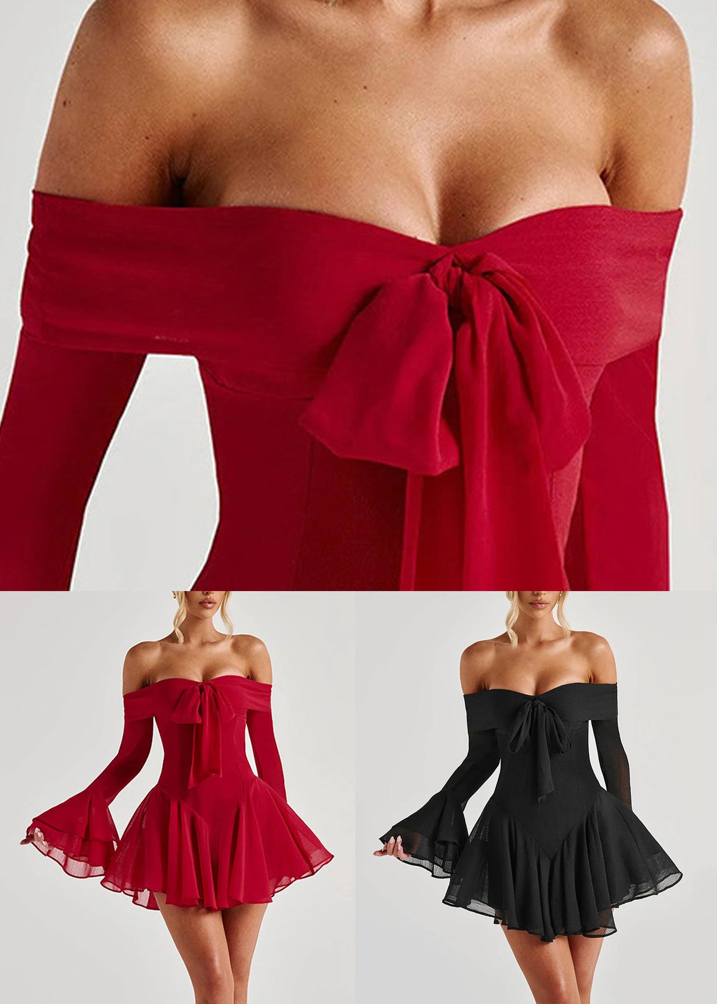 Neck Red Slash Mid Flare Dress Sexy Cotton Bow Sleeve