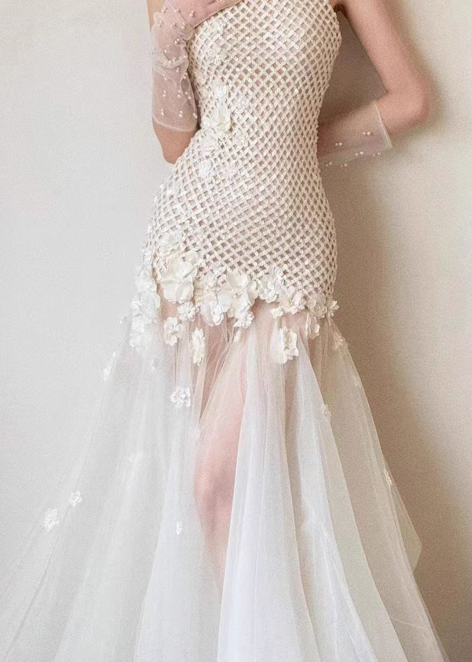 Hollow Sexy White Tulle Out Patchwork Sleeveless Dress Party