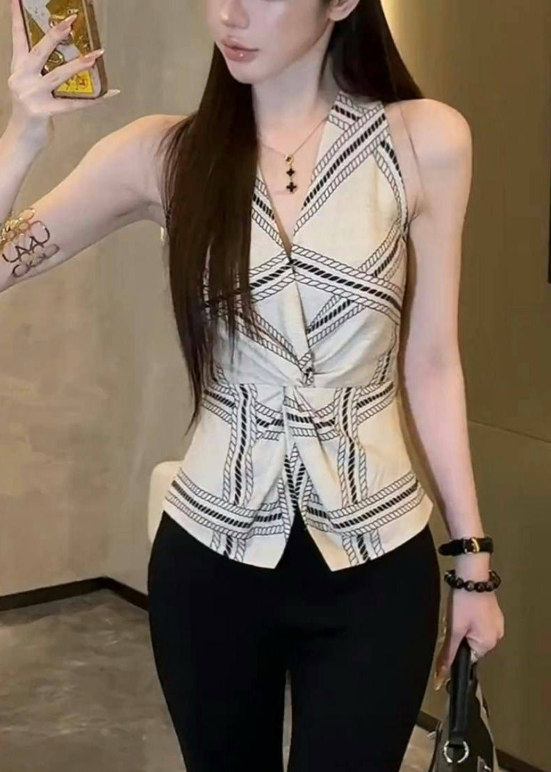 Side Print Fit Silm Vests Sexy Summer Halter White Open