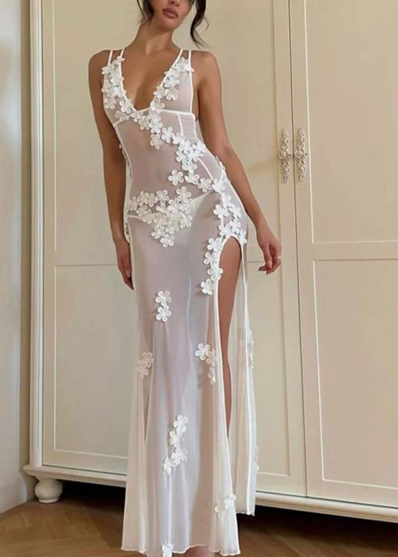 Strapless Long Swimwear Bikini Side Sexy White Open Flower