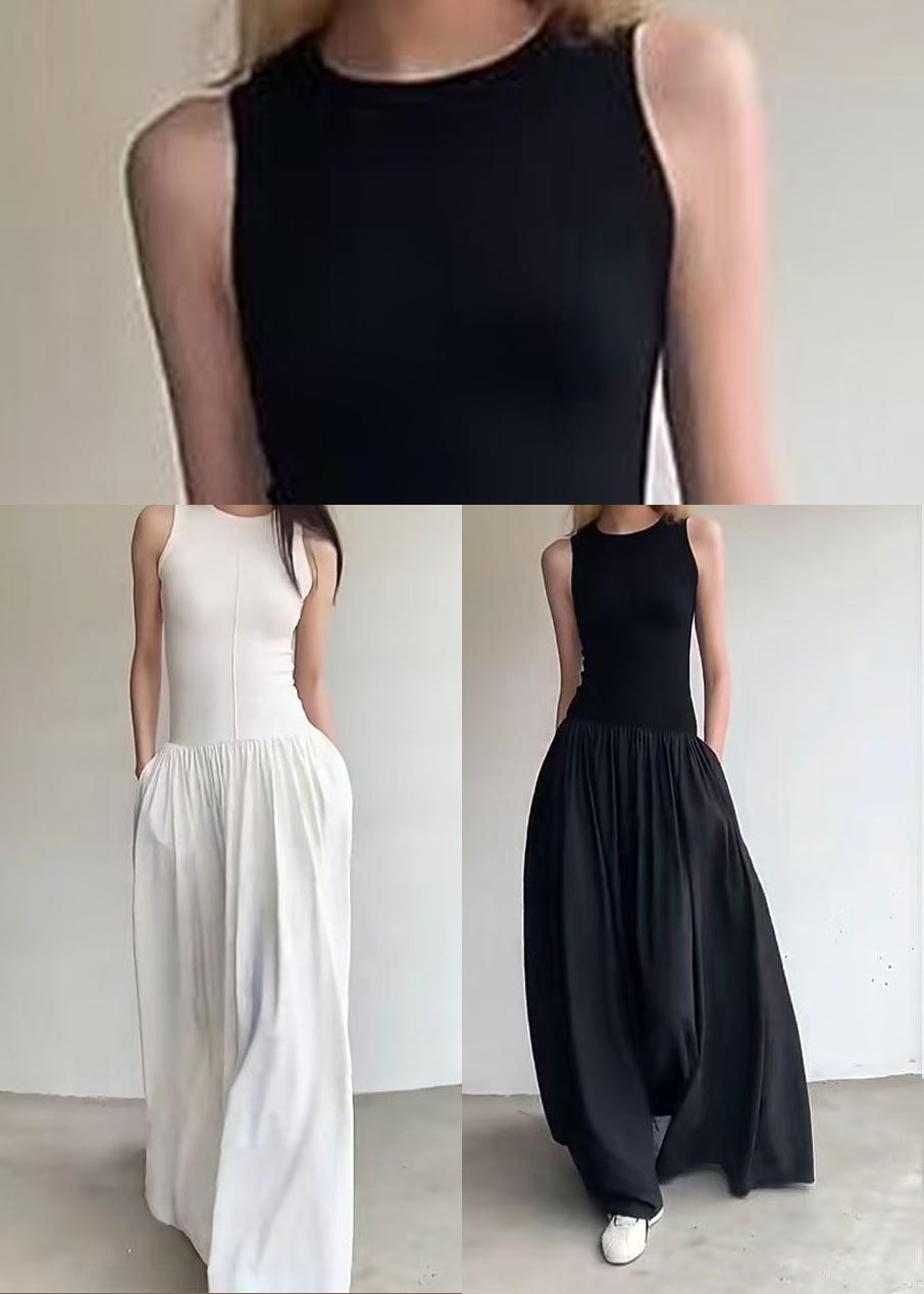 Cotton Sleeveless Exra Fit White Long Dress Silm Large Hem