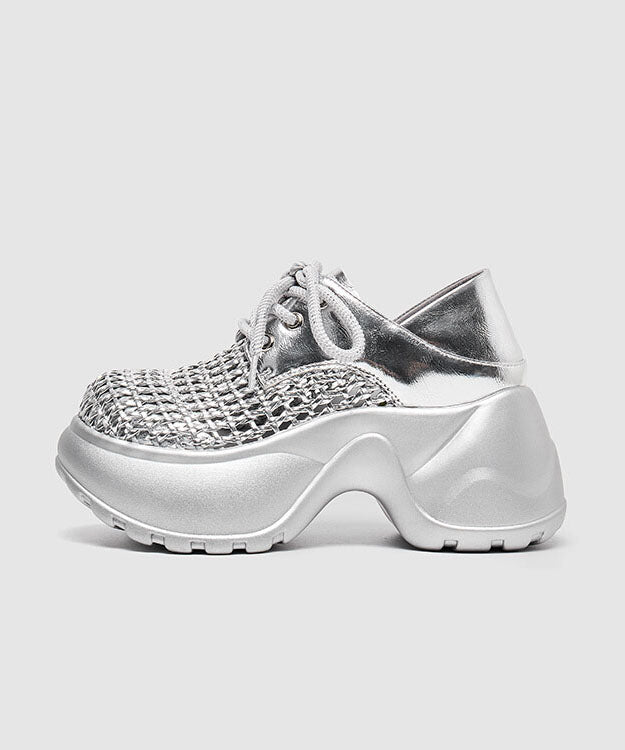 Up Out Silver Hollow Fashion Splicing Lace Platform Sandals