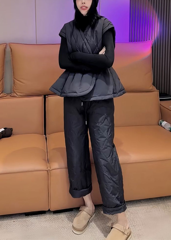 Simple Black Turtleneck Elastic Waist Fine Cotton Filled Three Pieces Set Spring YW024