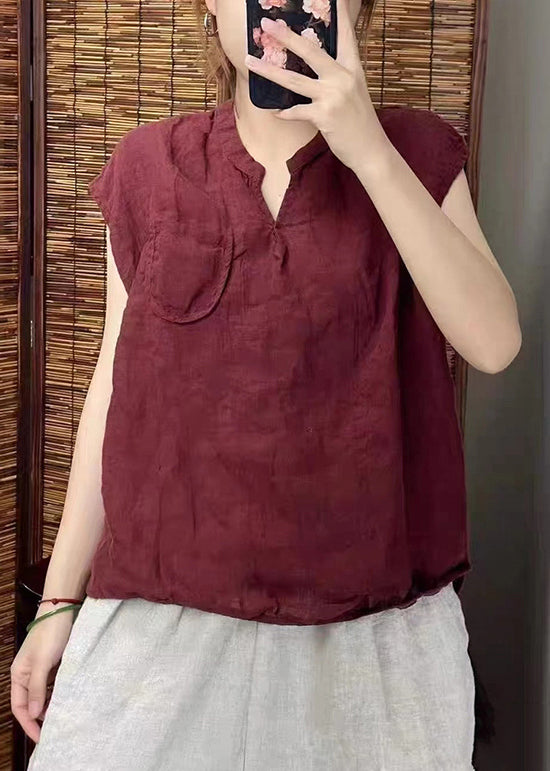 Simple Sleeveless V Linen Neck Green Vests Blackish