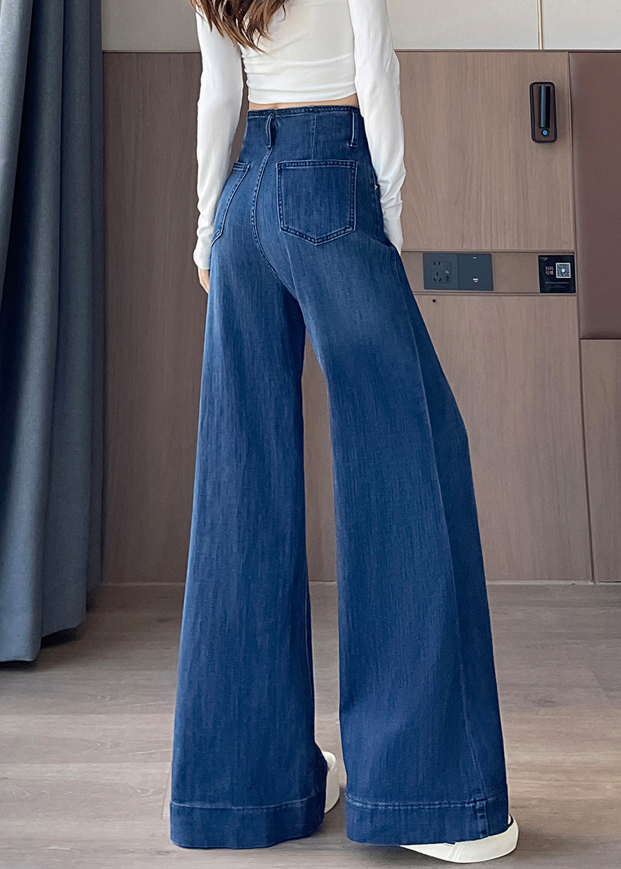 Blue Waist Fall Simple Denim Pockets Trousers High Flared