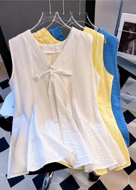 Solid Sleeveless V Cotton Neck Blue Tank Bow Simple