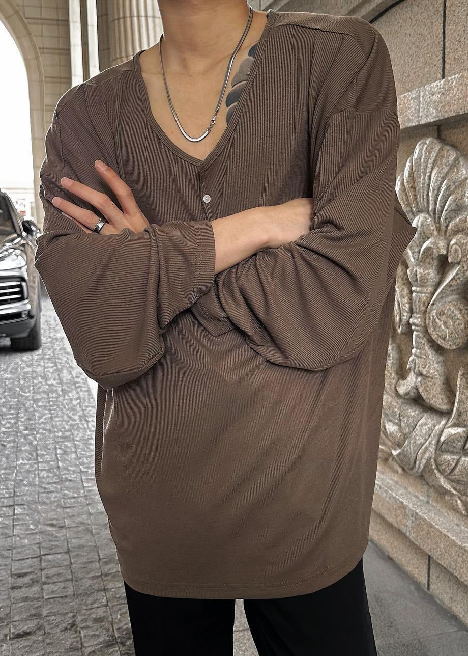 Simple T Cotton Spring Coffee Neck Button Solid Shirts Mens O