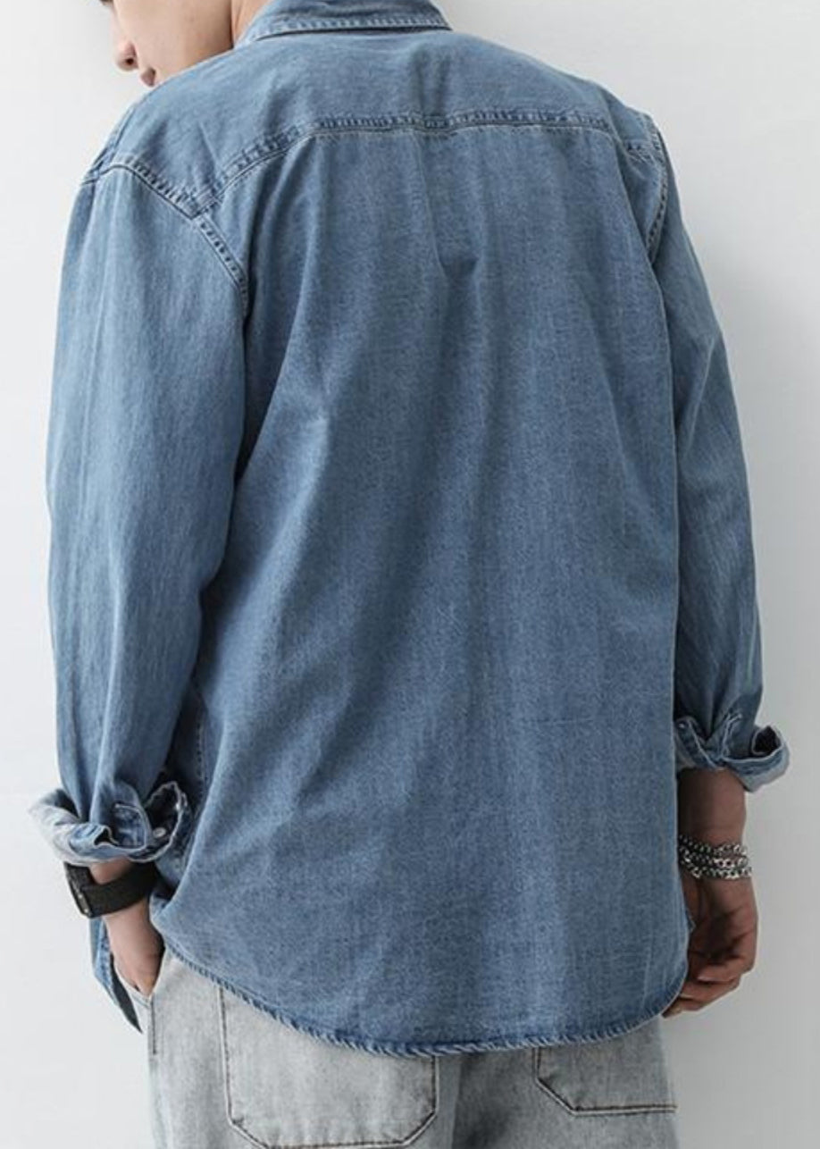 Collar Pan Peter Men Spring Denim Button Shirts Dark Blue Simple