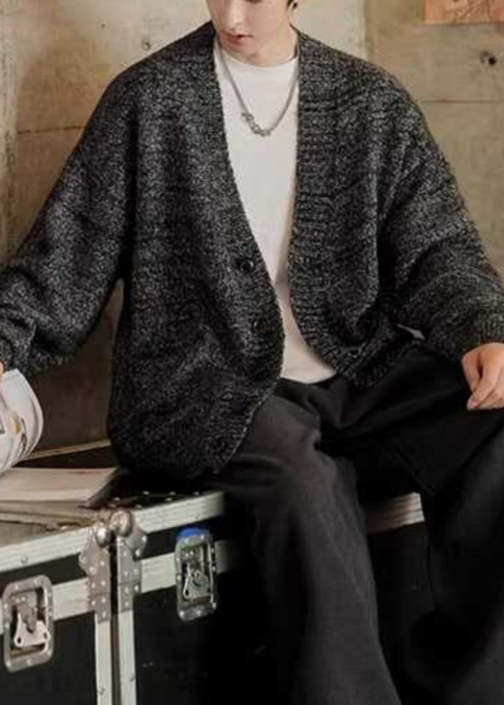 Pockets V Dark Neck Gray Cardigans Simple Spring Knit Mens