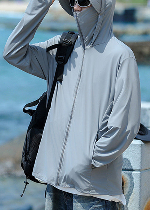 Pockets Hooded Coat Simple 50+ Zippered Men Grey Summer UPF