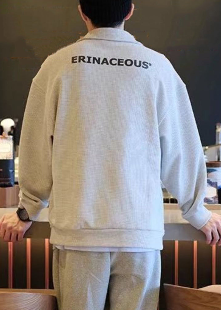 Simple Grey Peter Pan Collar Letter Cotton Mens Sweatshirts Spring TC015