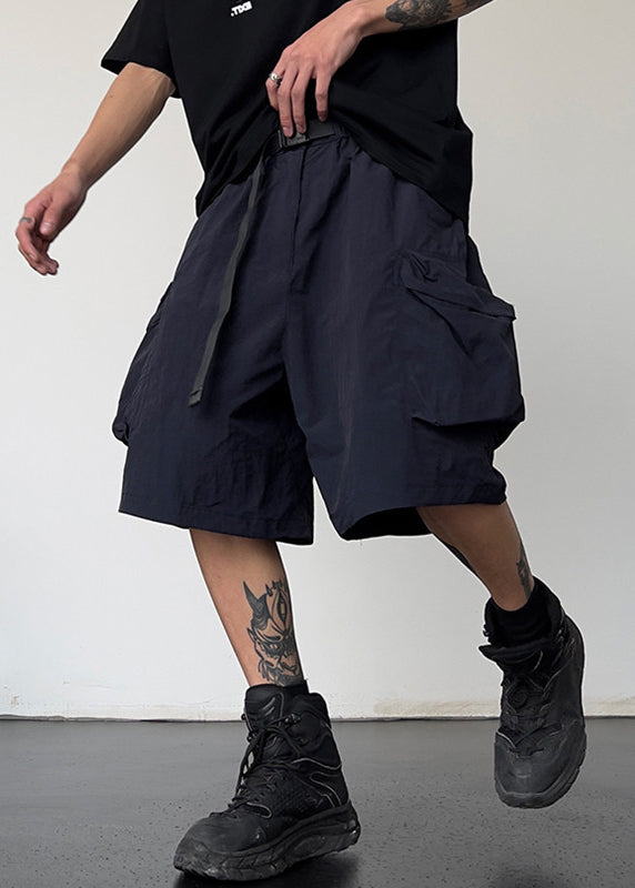 Pockets Simple Men Cotton Shorts Solid Grey Summer Drawstring