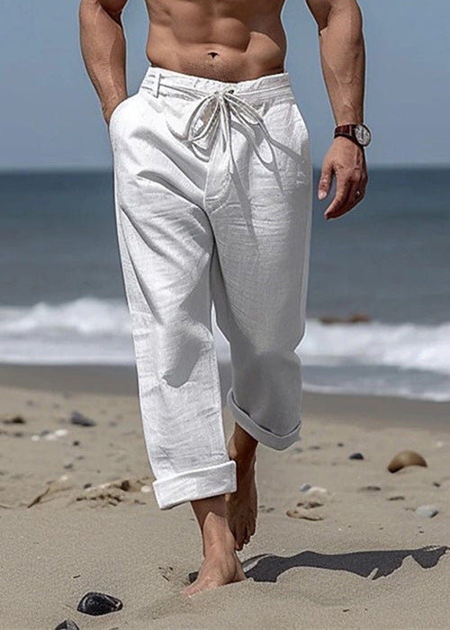 Summer Cotton Mens Khaki Solid Waist Elastic Pants Simple Pockets