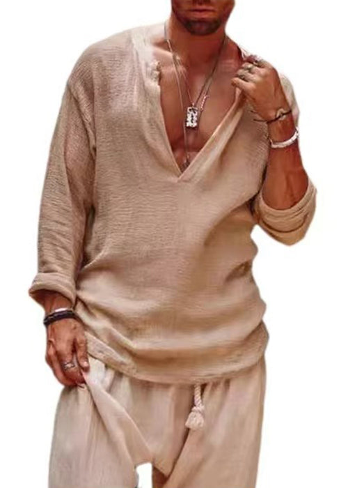 Neck Shirts Linen V Simple Solid Khaki Fall Mens Loose