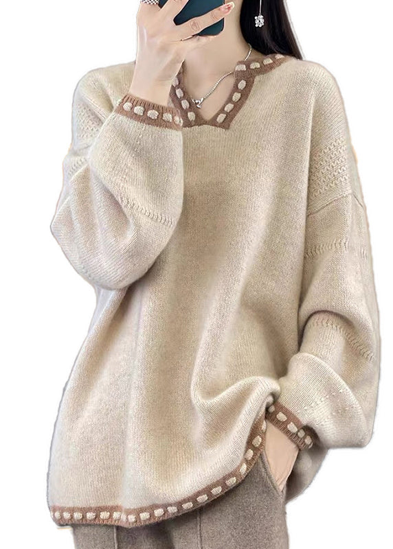 Simple Light Camel V Neck Patchwork Knit Sweaters Spring YY041